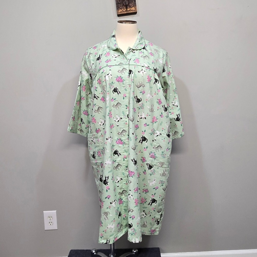 Traditional Flannel Housecoat Robe Plus Size 3X Green Cat Mom Snap Front Cottage